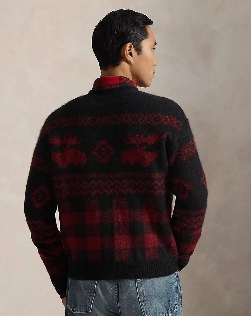 Buffalo Check Moose-Graphic Cardigan