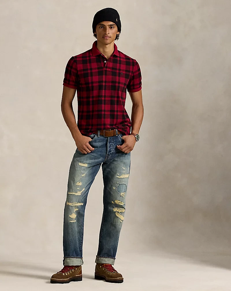 Classic Fit Plaid Mesh Polo Shirt