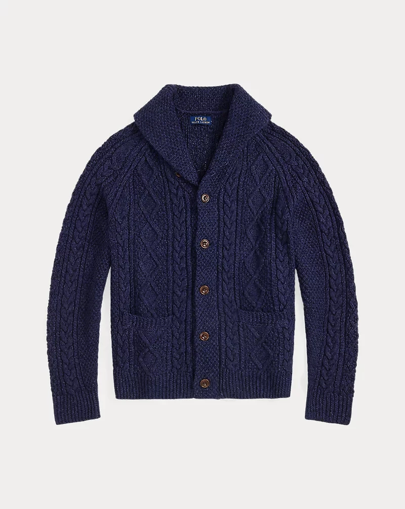 Aran-Knit Cotton Shawl-Collar Cardigan