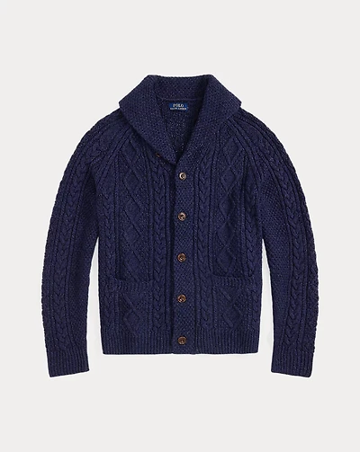 Aran-Knit Cotton Shawl-Collar Cardigan