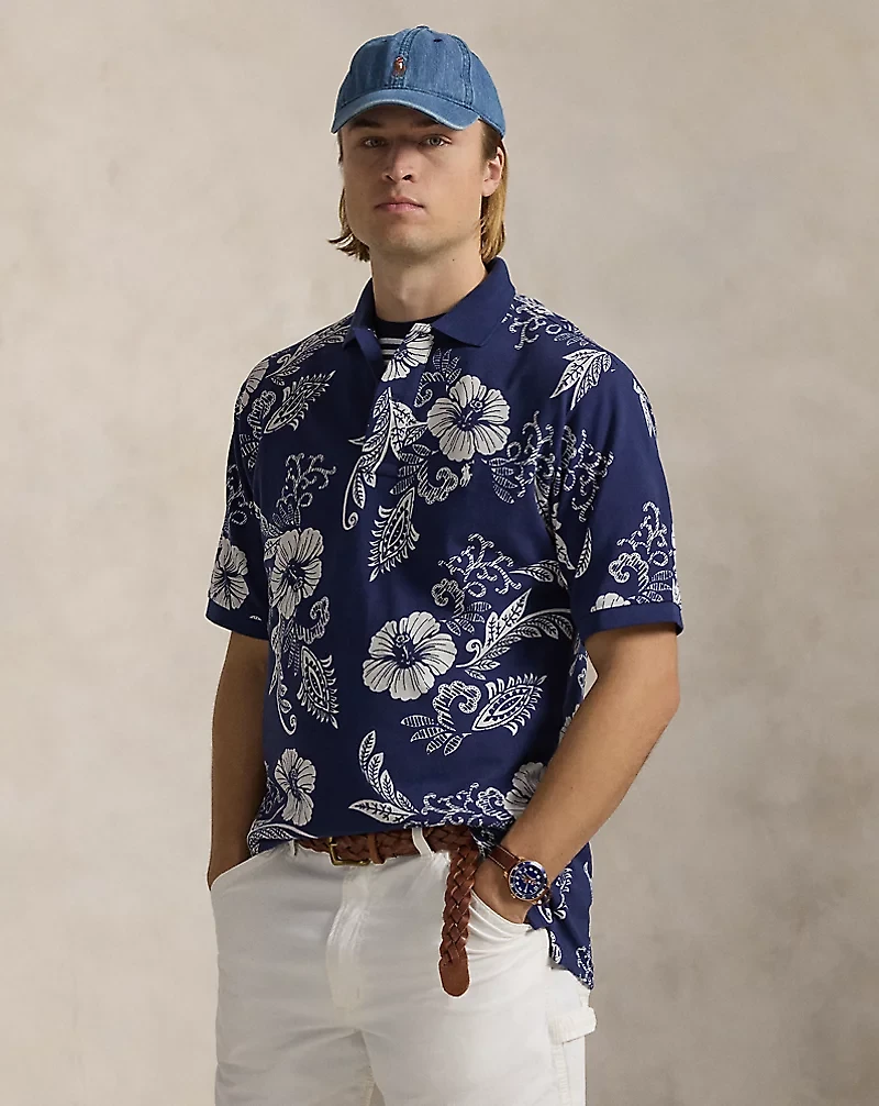 Hibiscus-Print Mesh Polo Shirt
