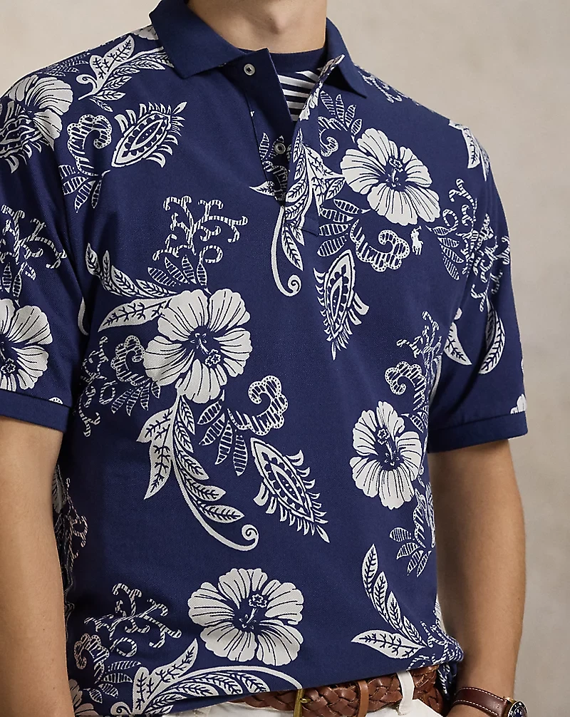 Hibiscus-Print Mesh Polo Shirt