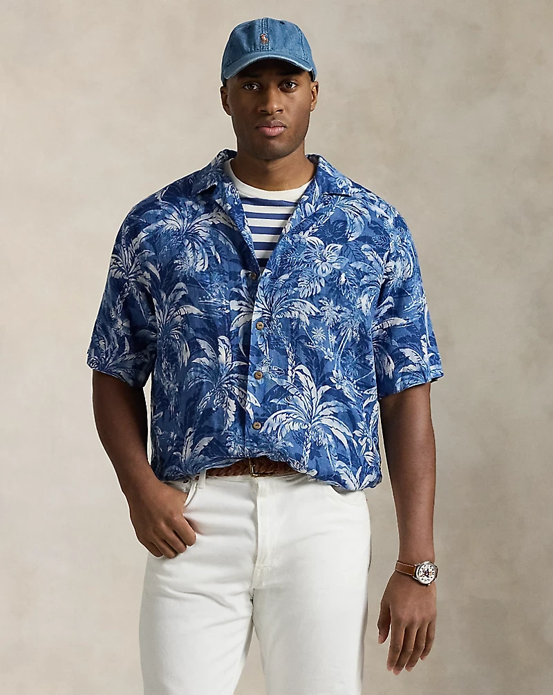 Tropical-Print Linen Camp Shirt