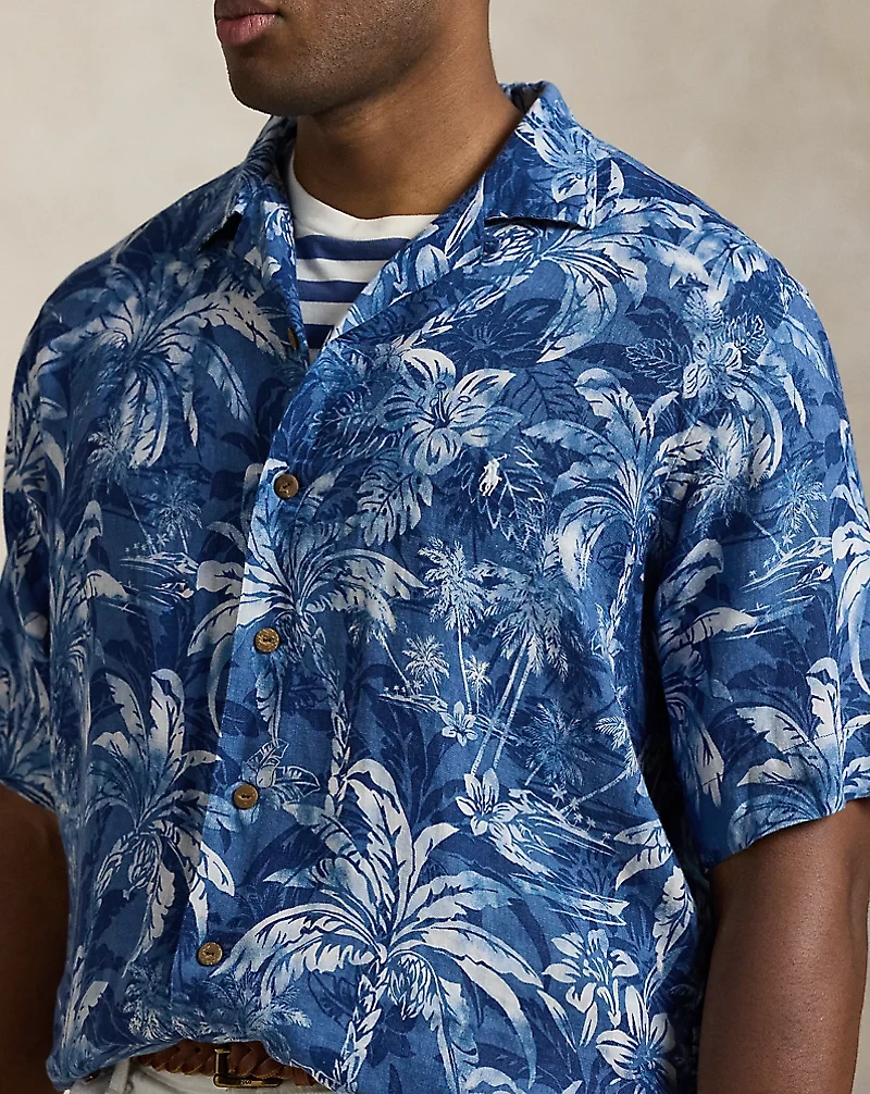 Tropical-Print Linen Camp Shirt
