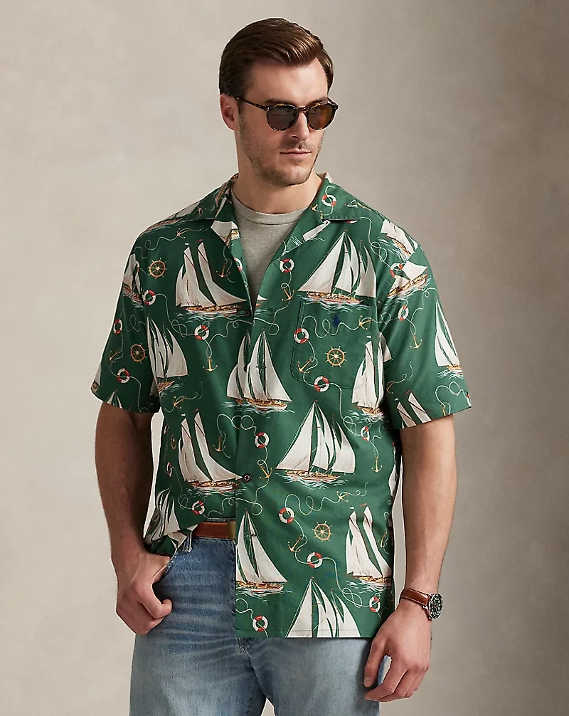 Sailboat-Print Oxford Camp Shirt