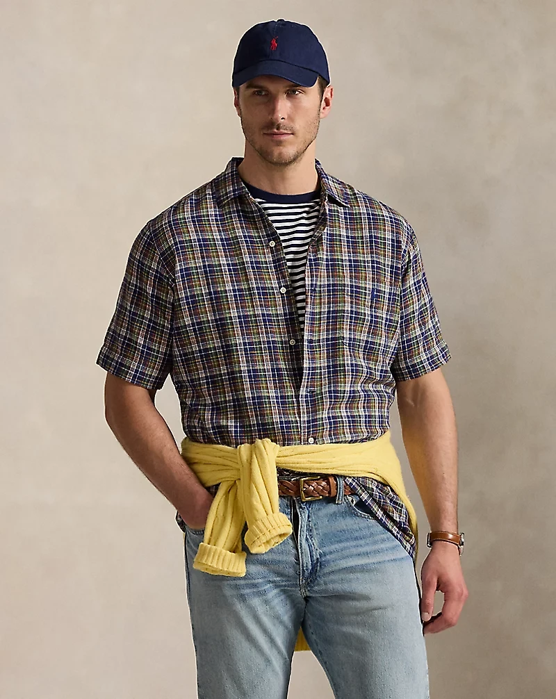 Plaid Linen-Cotton Camp Shirt