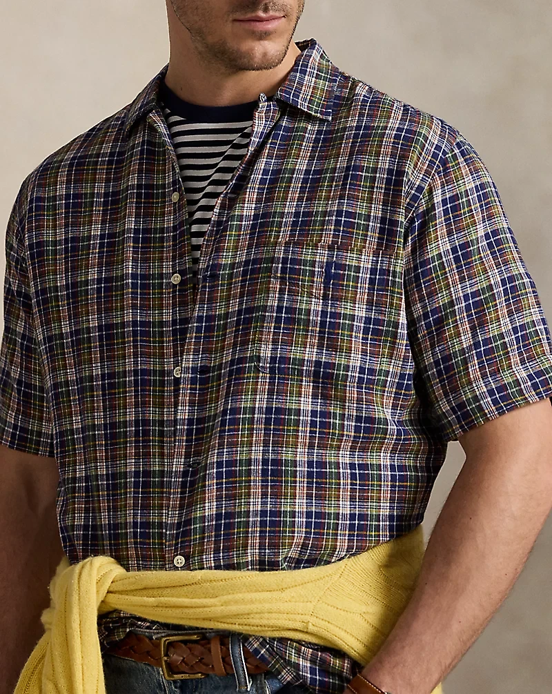 Plaid Linen-Cotton Camp Shirt