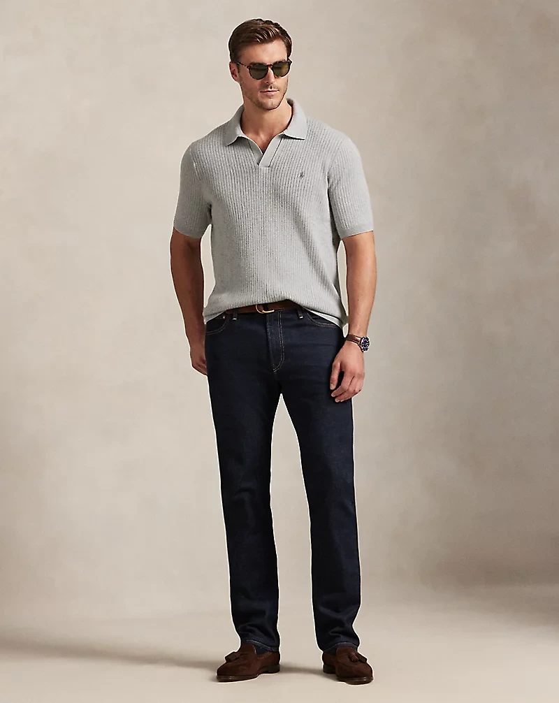 Rib-Knit Cotton Johnny-Collar Sweater