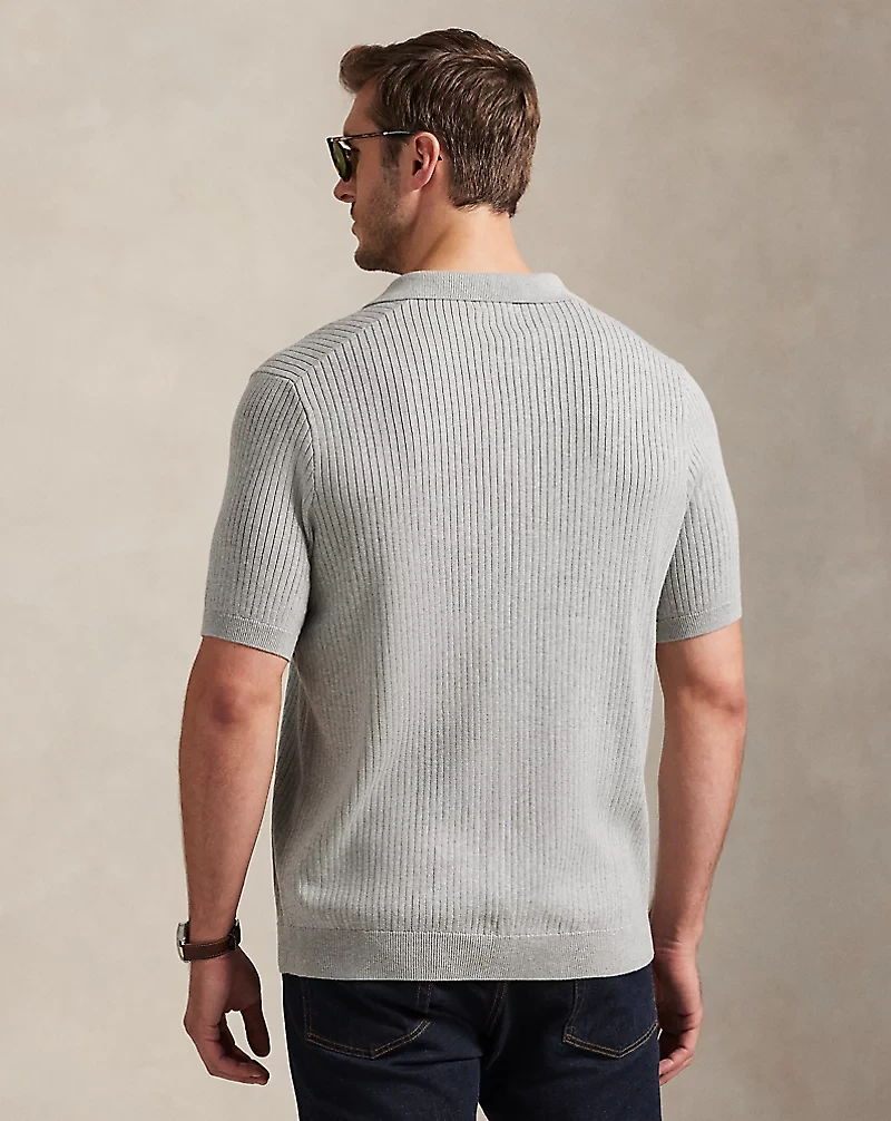Rib-Knit Cotton Johnny-Collar Sweater