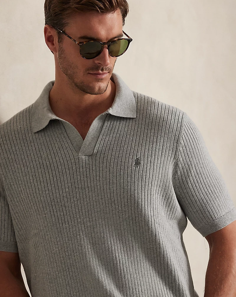 Rib-Knit Cotton Johnny-Collar Sweater