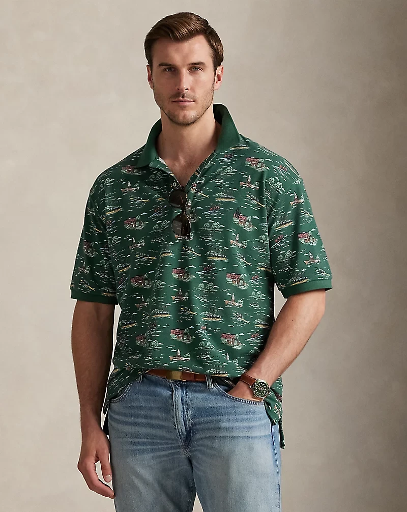 Scenic-Print Mesh Polo Shirt