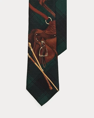 Equestrian-Print Plaid Wool Tie