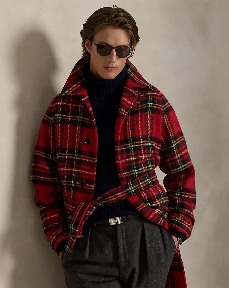 Plaid Wool Tweed Balmacaan Coat