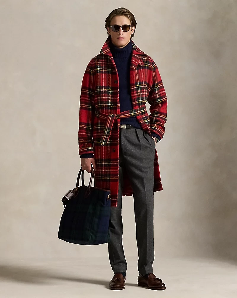 Plaid Wool Tweed Balmacaan Coat
