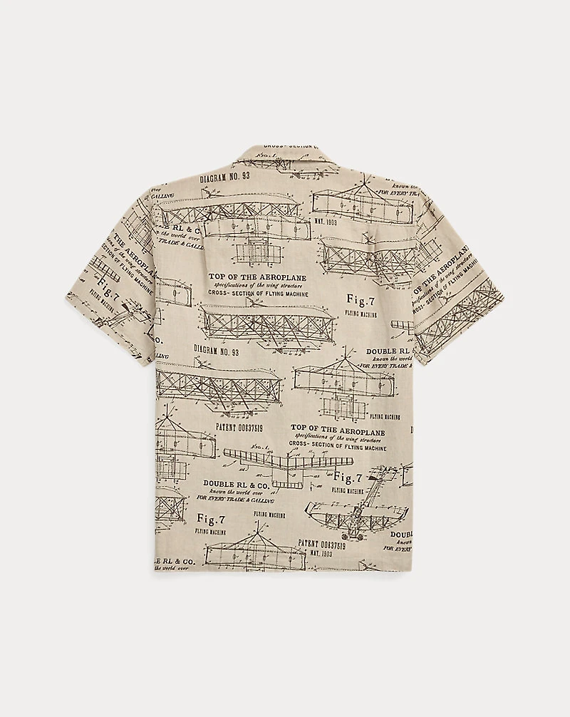 Airplane-Print Linen Camp Shirt