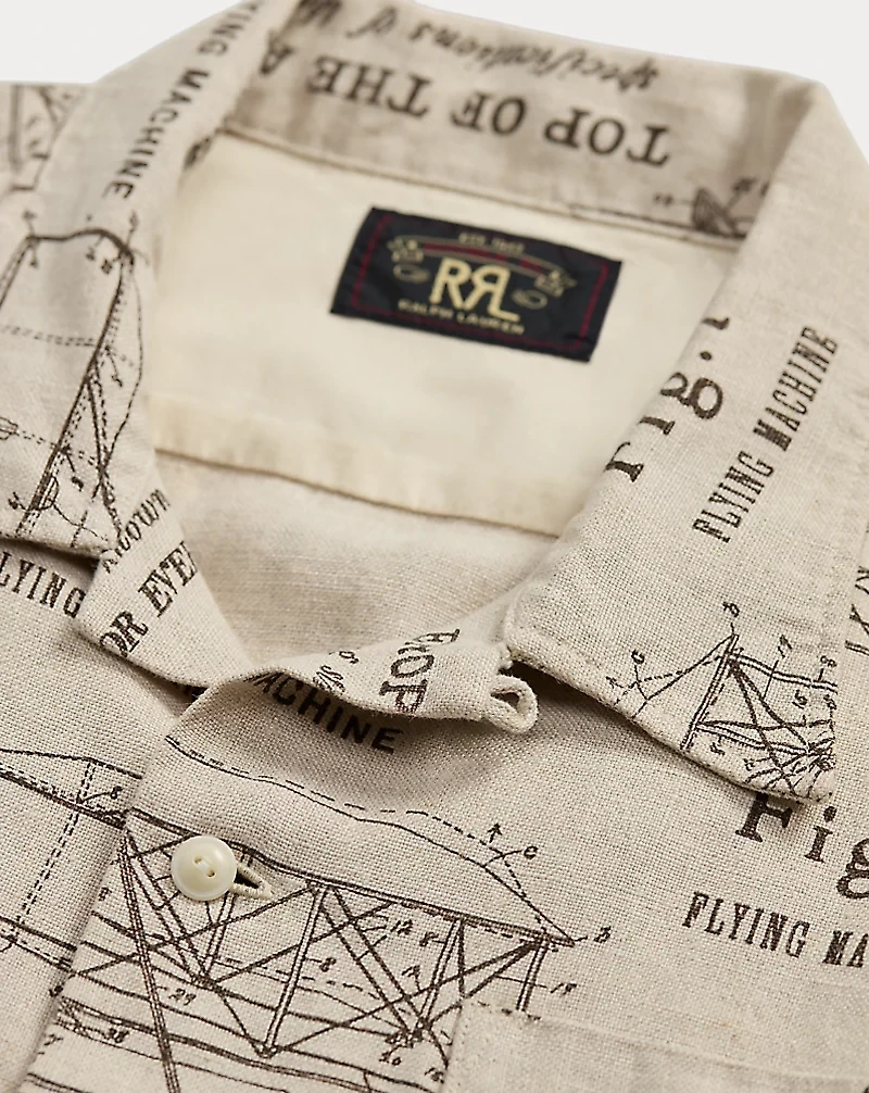 Airplane-Print Linen Camp Shirt