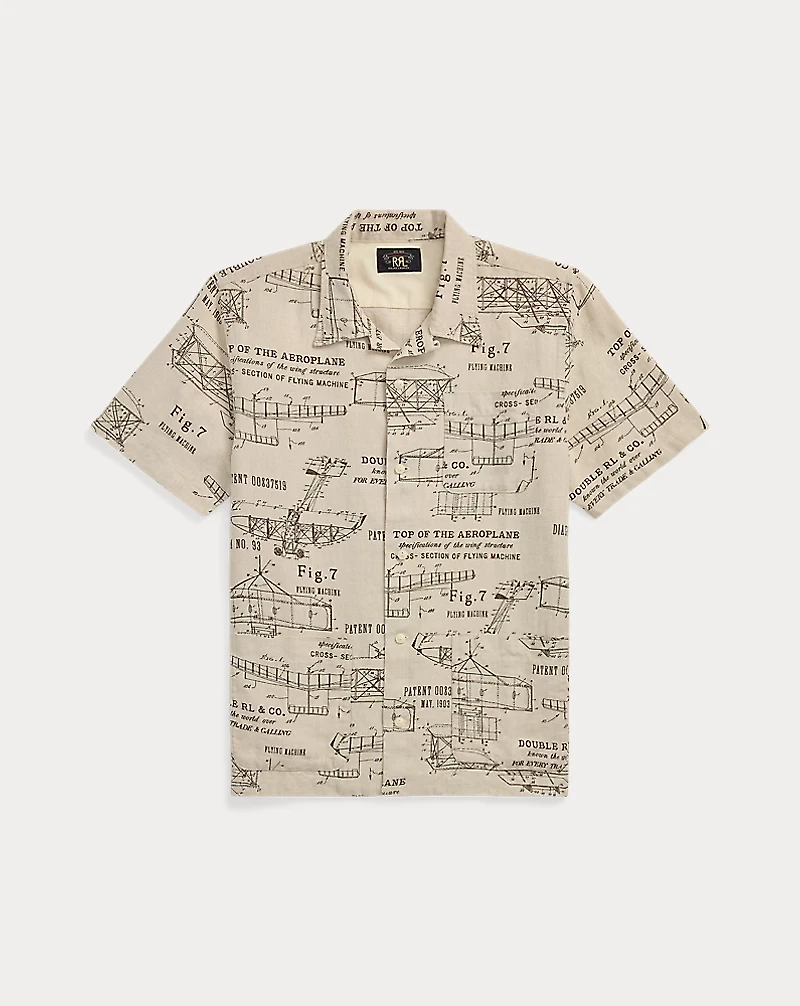 Airplane-Print Linen Camp Shirt