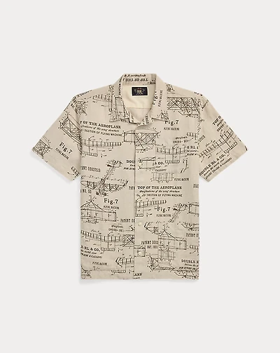 Airplane-Print Linen Camp Shirt