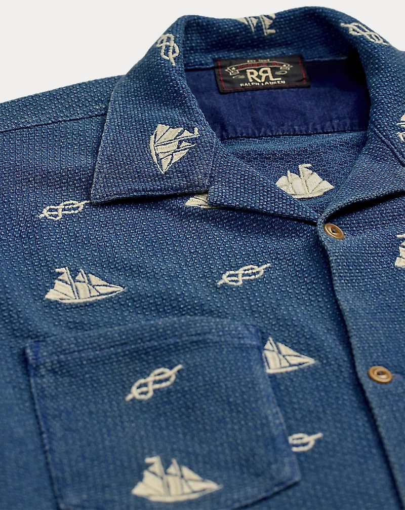 Nautical-Embroidered Piqué Camp Shirt