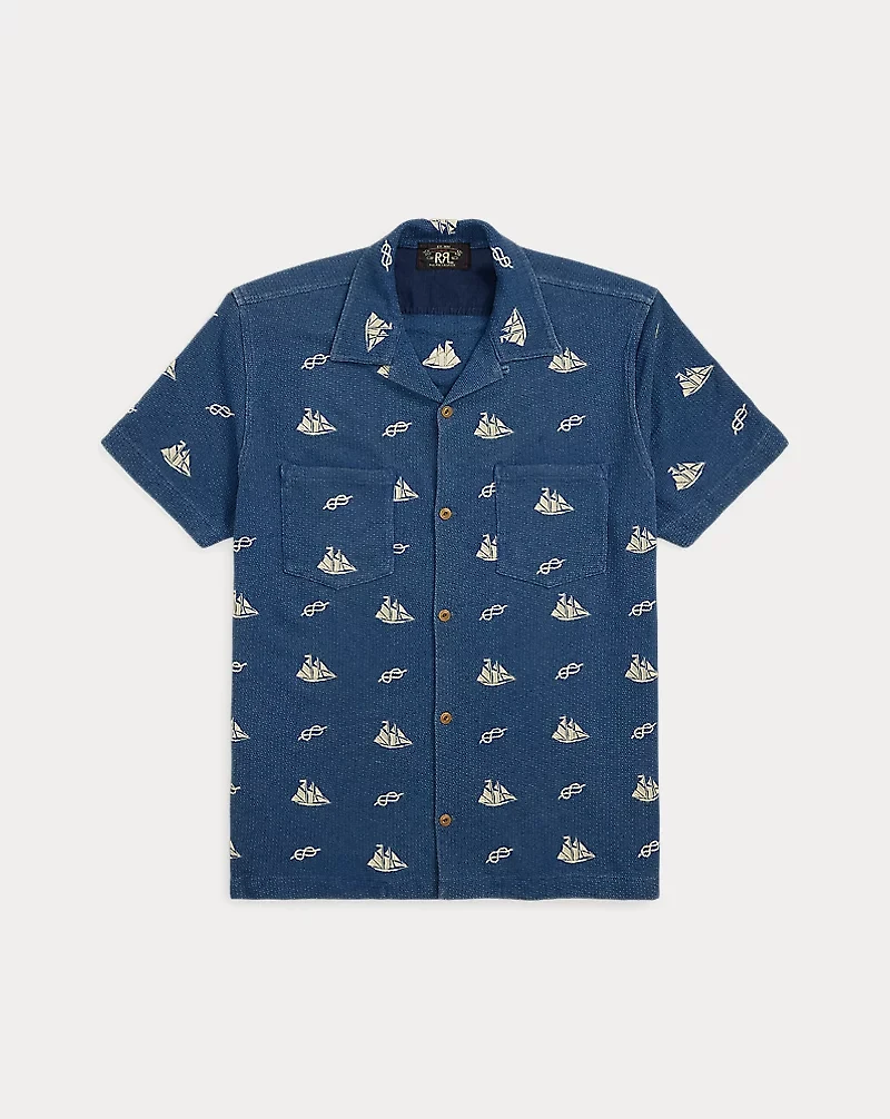 Nautical-Embroidered Piqué Camp Shirt