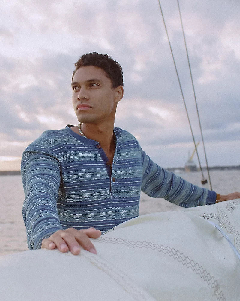 Indigo Striped Jacquard Henley Shirt