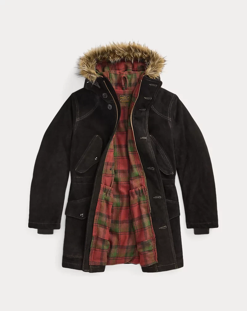 Faux-Fur-Trim Suede Parka
