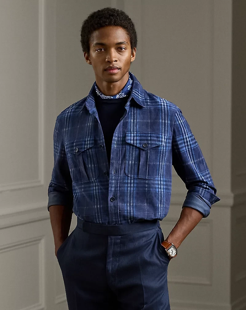 Plaid-Print Suede Overshirt