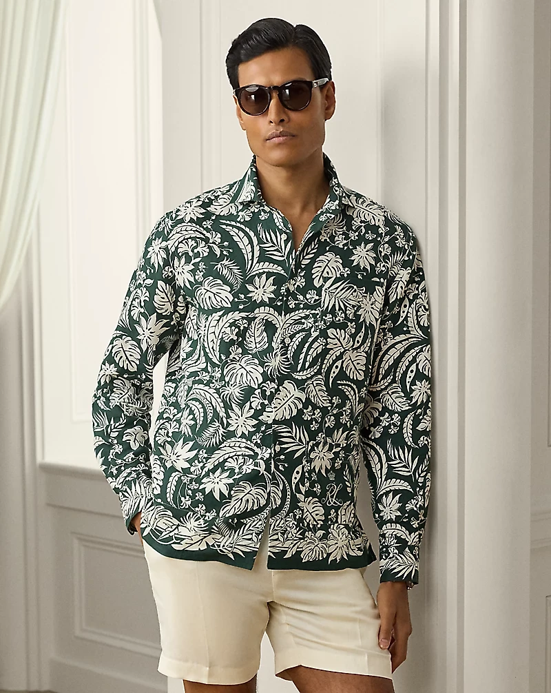 Botanical-Print Linen-Silk Shirt