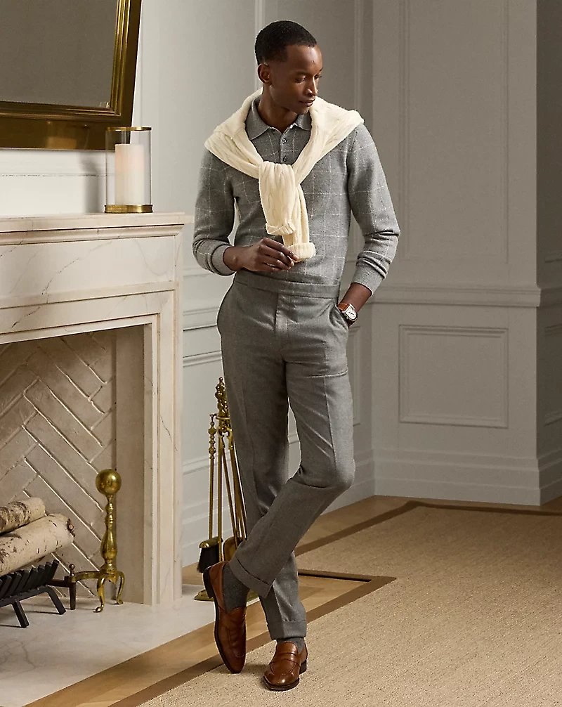 Windowpane Cashmere Polo-Collar Sweater
