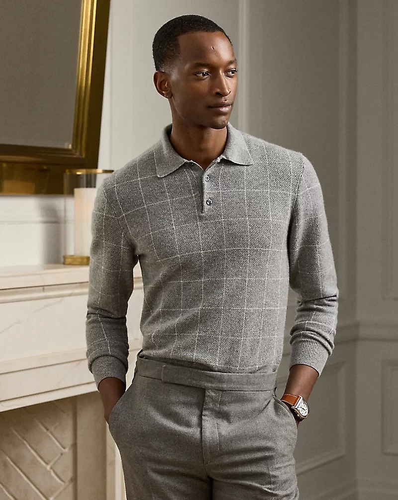 Windowpane Cashmere Polo-Collar Sweater