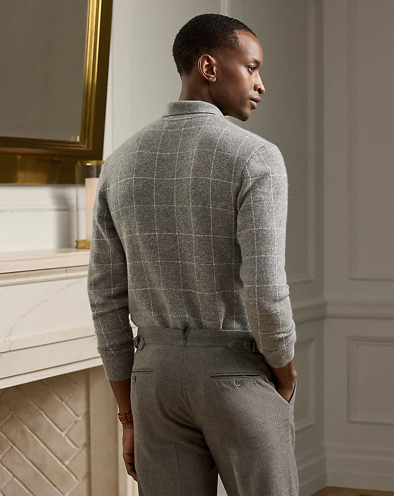 Windowpane Cashmere Polo-Collar Sweater