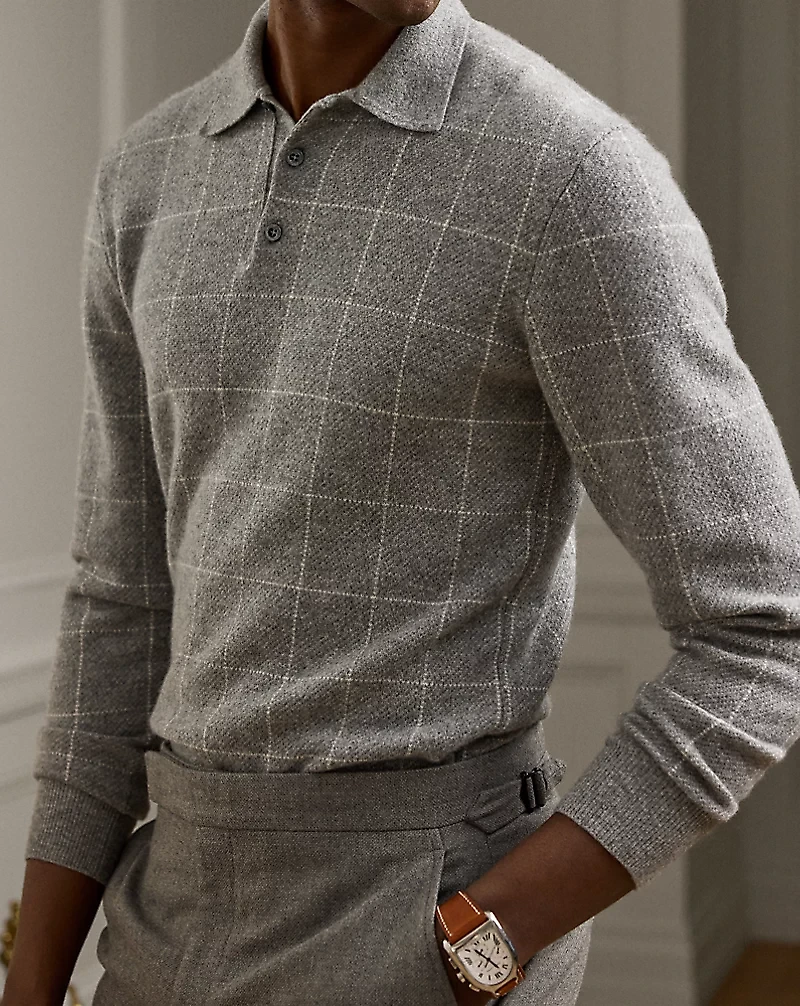 Windowpane Cashmere Polo-Collar Sweater