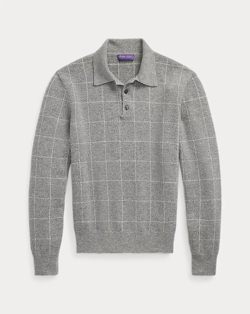 Windowpane Cashmere Polo-Collar Sweater