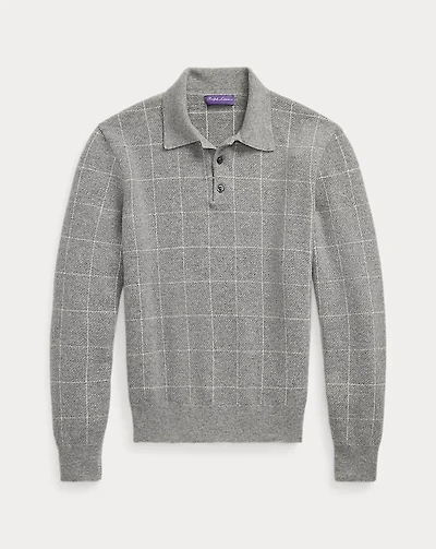 Windowpane Cashmere Polo-Collar Sweater