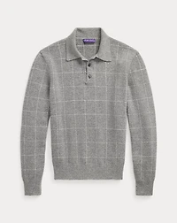 Windowpane Cashmere Polo-Collar Sweater