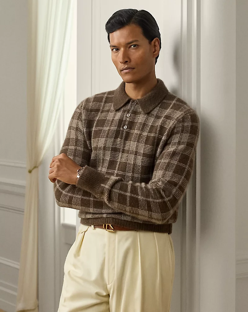 Plaid Cashmere Polo-Collar Sweater