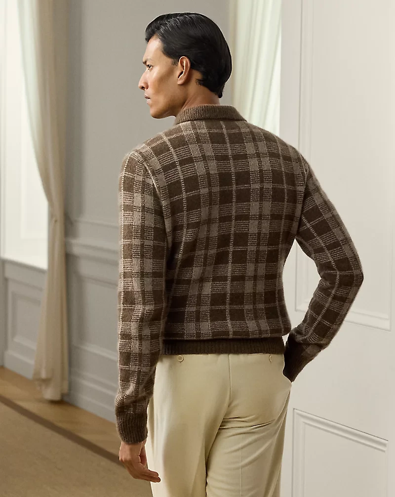 Plaid Cashmere Polo-Collar Sweater
