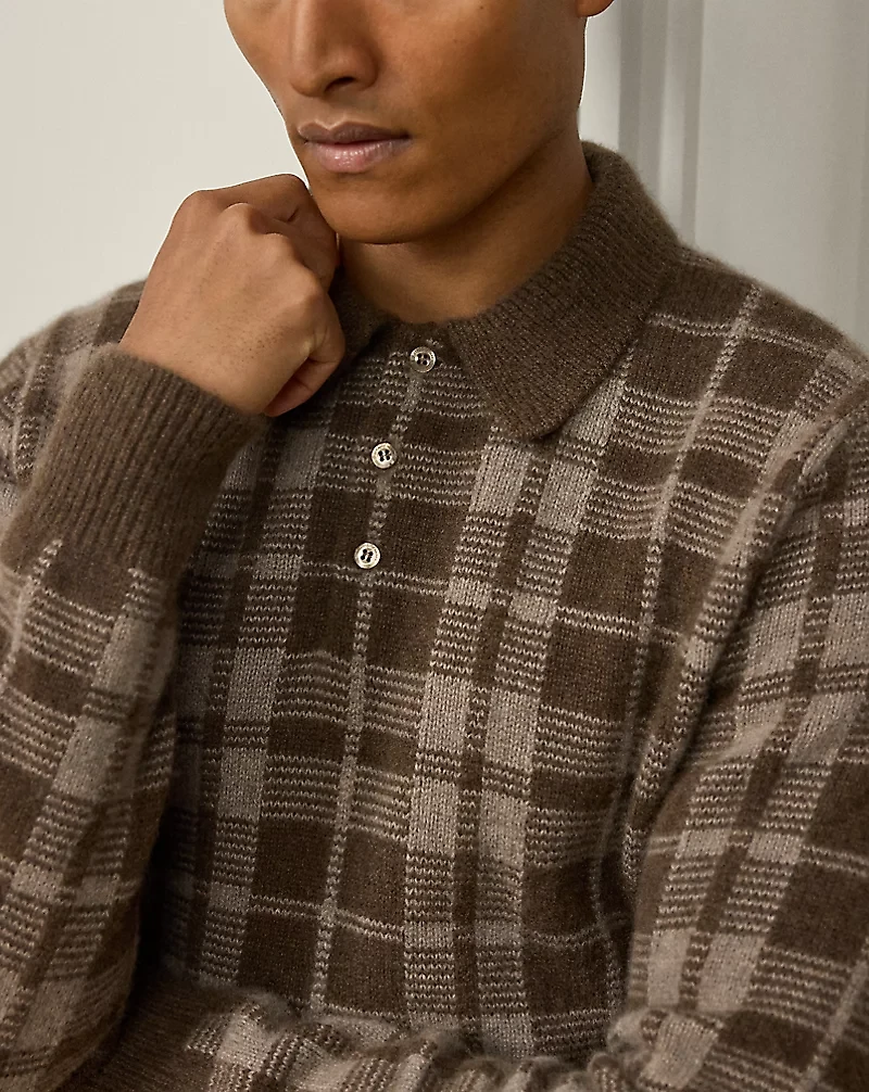 Plaid Cashmere Polo-Collar Sweater