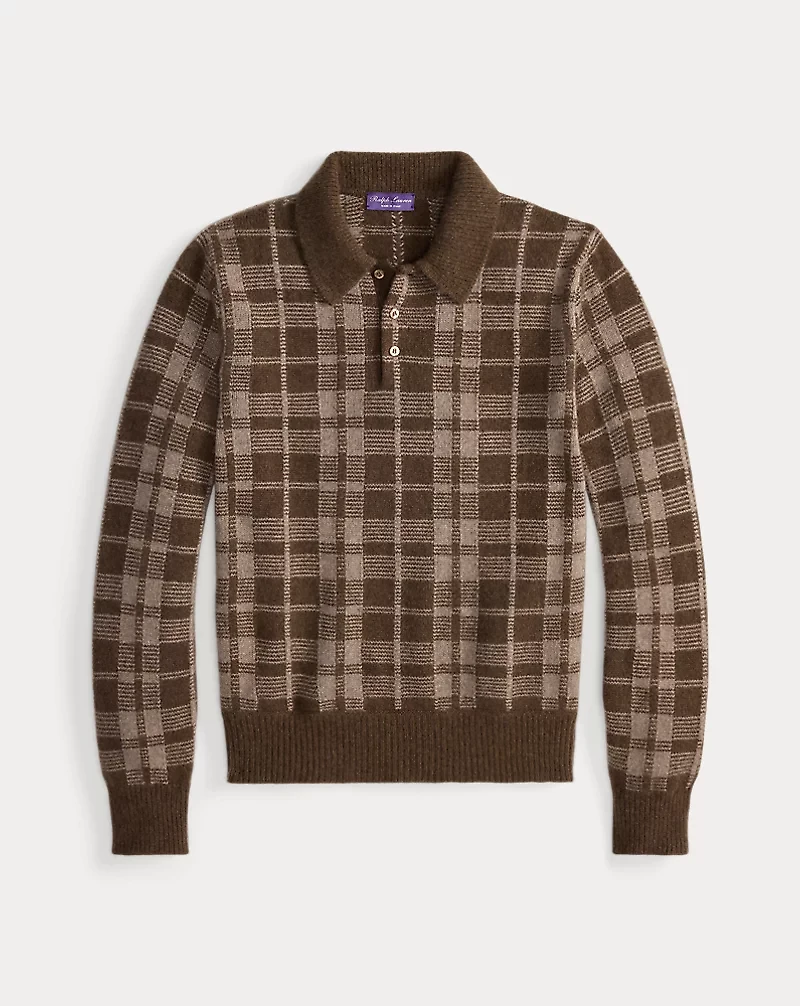 Plaid Cashmere Polo-Collar Sweater