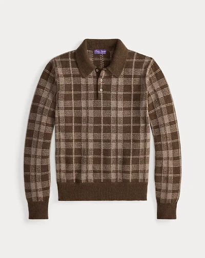 Plaid Cashmere Polo-Collar Sweater