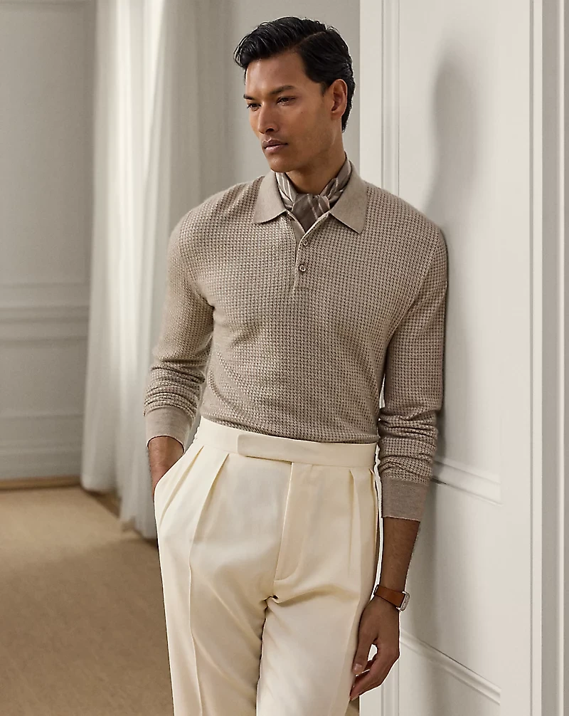 Houndstooth Cashmere Polo-Collar Sweater