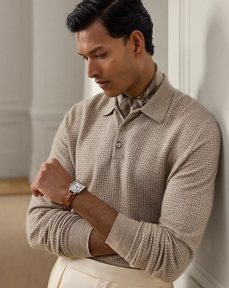 Houndstooth Cashmere Polo-Collar Sweater