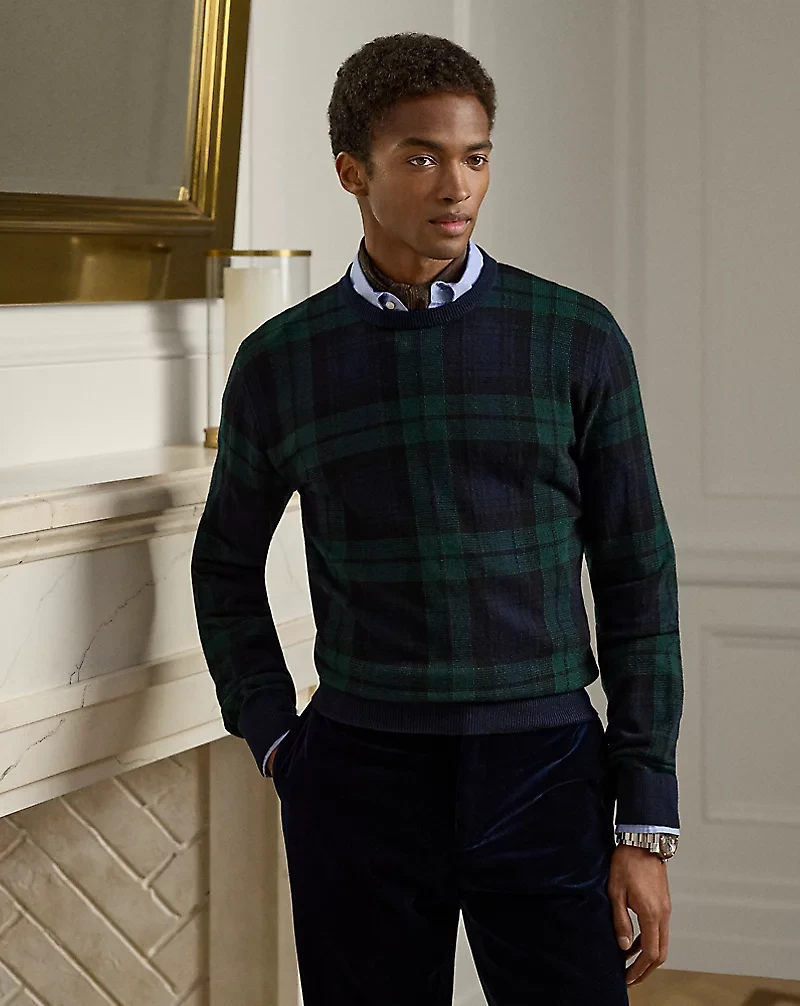 Plaid Cashmere Crewneck Sweater