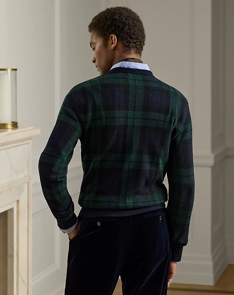 Plaid Cashmere Crewneck Sweater