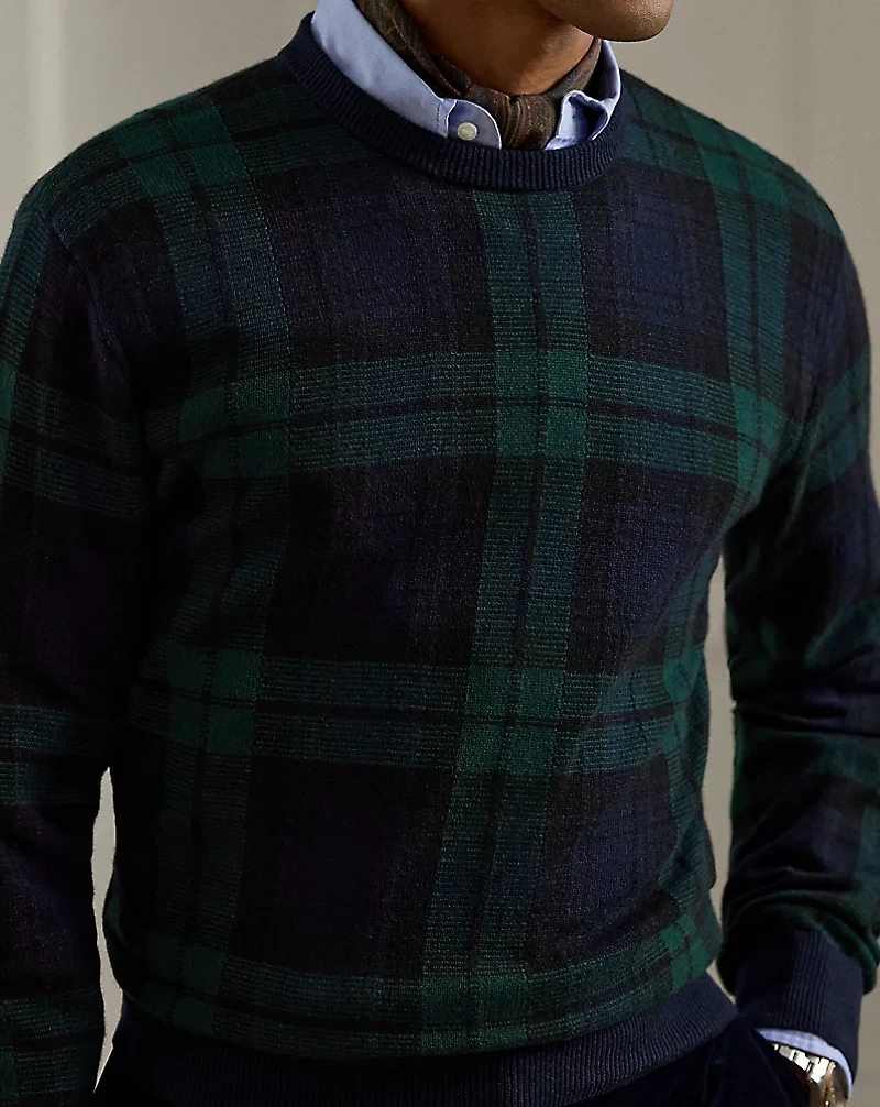 Plaid Cashmere Crewneck Sweater