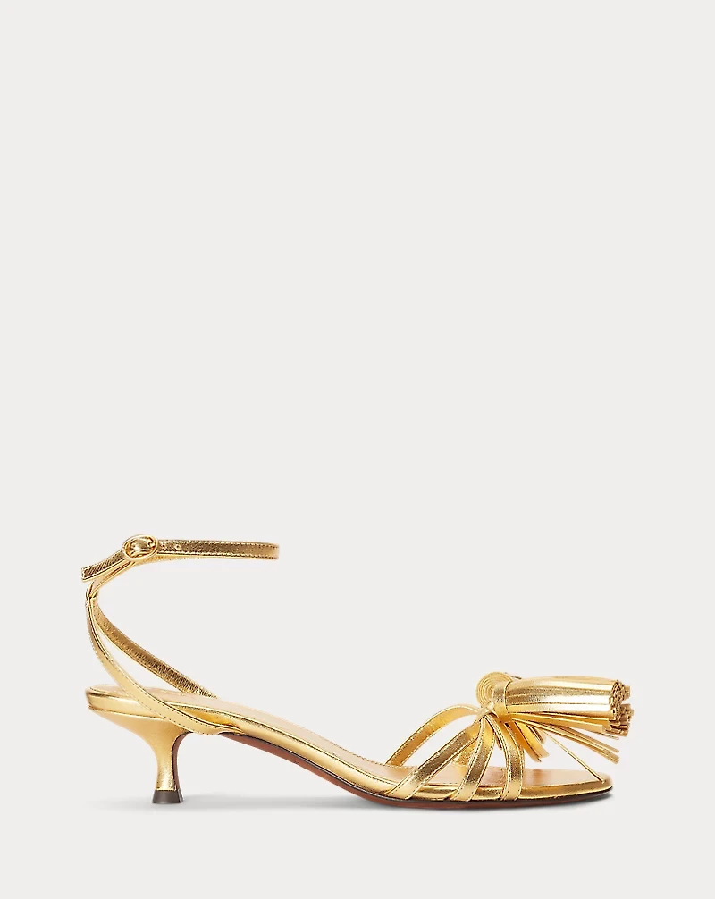 Metallic Leather Tassel Kitten Sandal