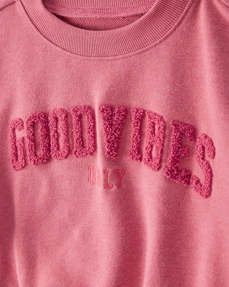 Girls 2-Piece Oversized "Good Vibes" Sweatshirt & Drawstring Pants Set - Pink