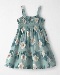 Toddler Girl Smocked Linen Dress Made with Organic Cotton in Blue Hibiscus
