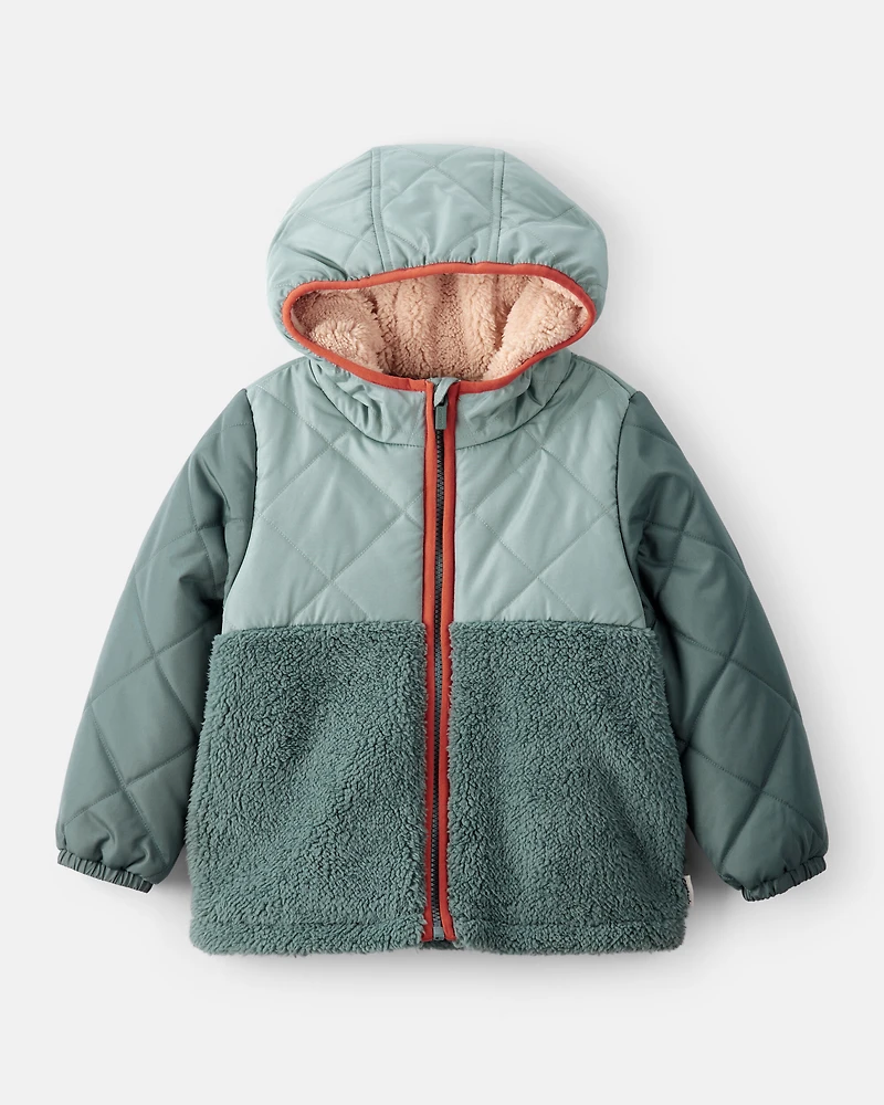 Toddler Boy Long-Sleeve Midweight Quilted Sherpa Jacket - Green
