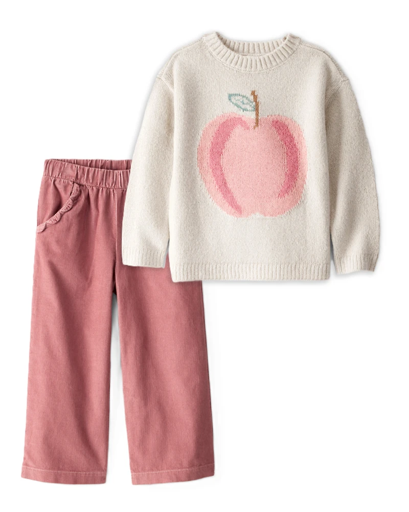 Toddler Girl 2-Piece Apple Long-Sleeve Sweater & Corduroy Pants Set - Ivory/PInk